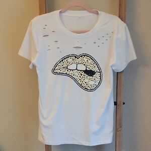 Womens White Leopard Lips Graphic T-Shirt Tee Small